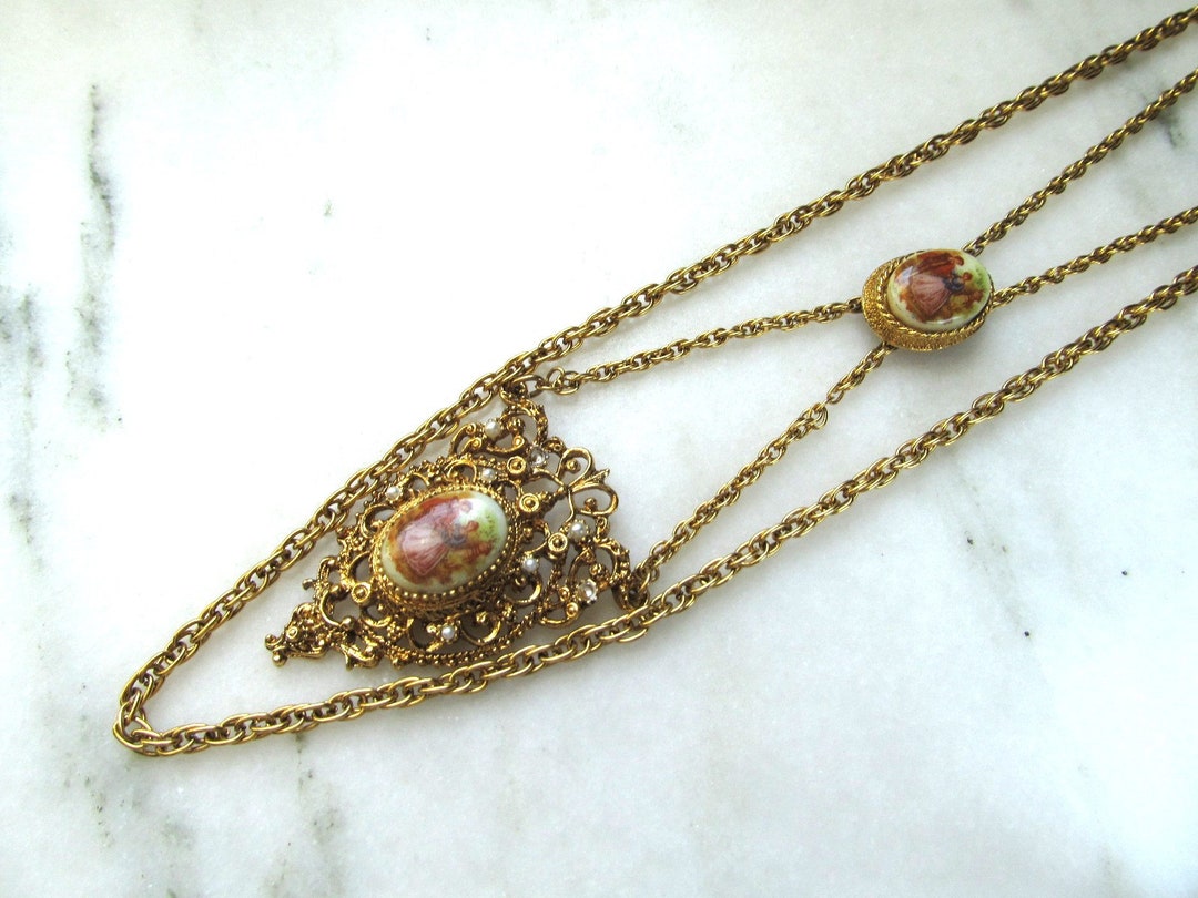 Vintage Gold Tone Festoon Cameo Necklace ETC7982 Etsy