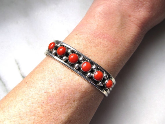 Vintage RB Running Bear Coral Navajo Sterling Silver Handmade Cuff