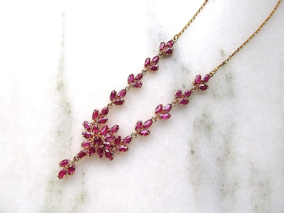 Vintage Ruby Cluster 9K Yellow Gold Necklace & Da… - image 2