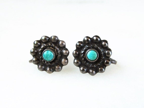 Estate Navajo Green Turquoise Sterling Silver Scr… - image 1