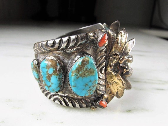 Antique Navajo Old Pawn Watch Cuff Bracelet w/ Tu… - image 3