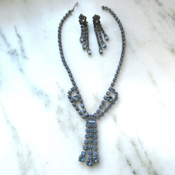 Vintage Pale Blue Rhinestone Necklace w/ Matching… - image 1