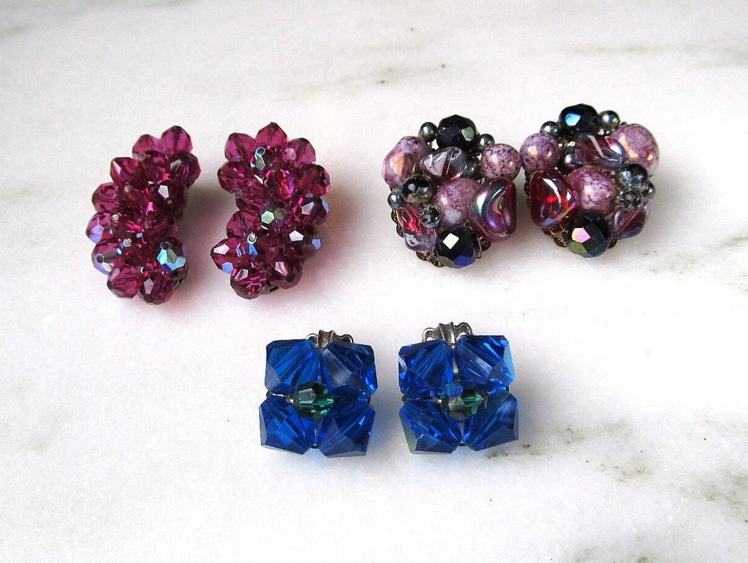 Vintage Clip Earrings Lot Pink Blue Purple Aurora Borealis ETC7044 Etsy