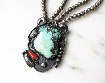 Estate Old Pawn Navajo Spiderweb Turquoise Coral Silver Bead Necklace Handmade ETC3455