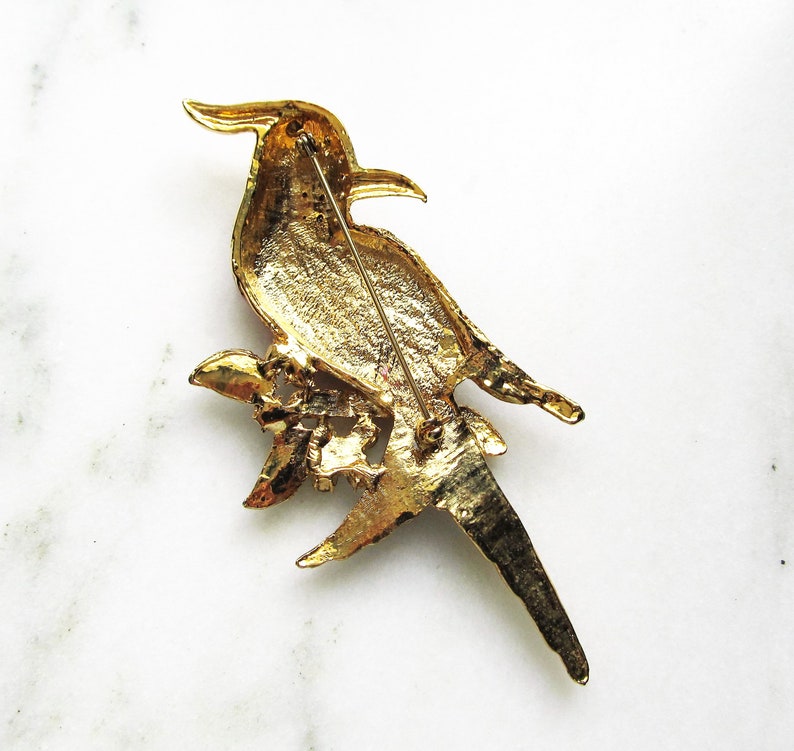 Estate Colorful Enamel /& Rhinestone Tropical Bird Brooch HUGE