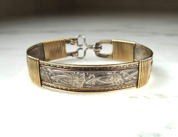 Vintage Sterling Silver & Gold Filled Floral Bang… - image 1