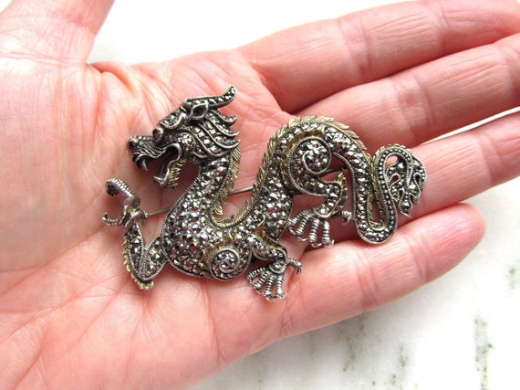 Vintage Dragon Sterling Silver & Marcasite Brooch… - image 9