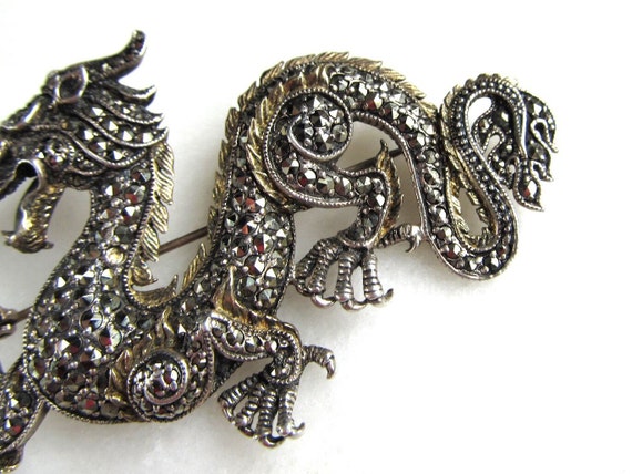 Vintage Dragon Sterling Silver & Marcasite Brooch… - image 4