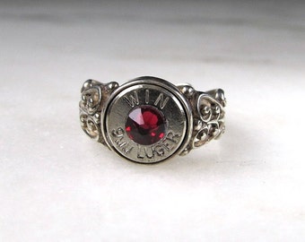 Bespoke Sterling Silver WIN 9mm Luger Red Glass Stone Ring Sz 7 1/2 ETC7327