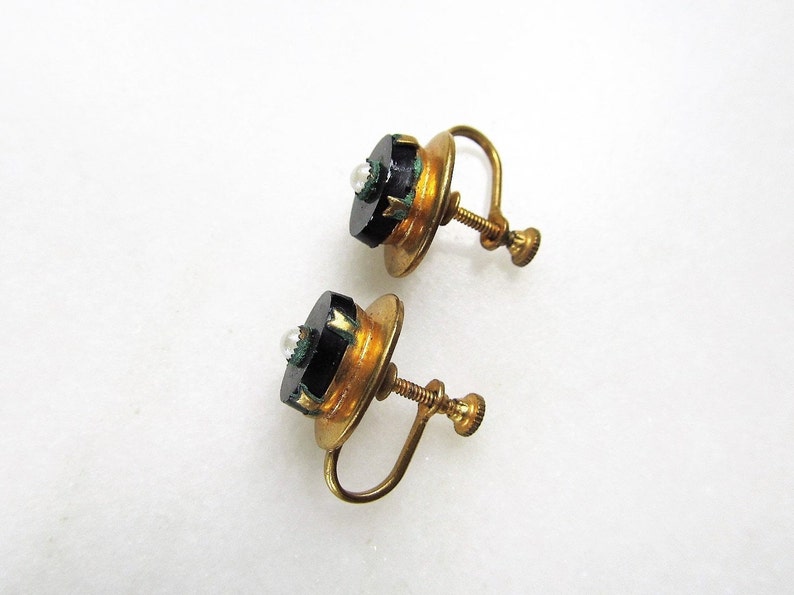 Art Deco Seed Pearl & Black Glass Gold Filled Vintage Screwback Earrings ETC1981 image 4