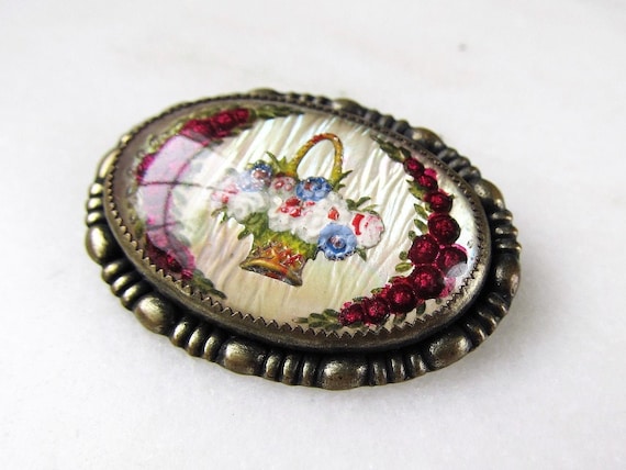 Vintage Floral Brooch Flower Basket Iridescent Ba… - image 2