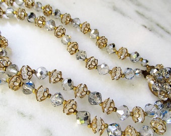 Vintage Glass Crystal Beaded Double Strand Necklace Gold Silver ETC6110