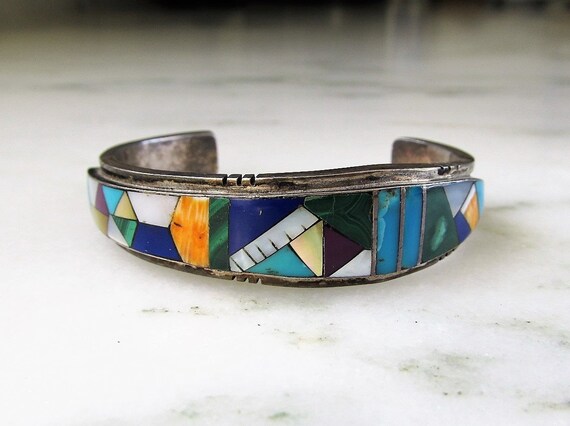 Estate Navajo Multi Stone Inlay Sterling Silver Cuff Bracelet