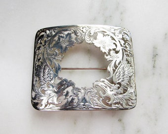 Vintage Sterling Silver Carved Belt Sash Buckle ETC5772