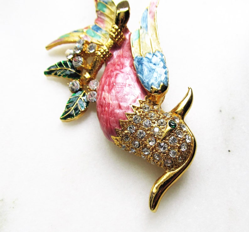 Estate Colorful Enamel /& Rhinestone Tropical Bird Brooch HUGE