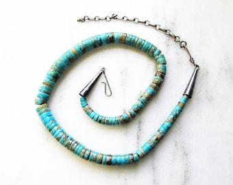 Estate Navajo Turquoise Disk Beaded Necklace Sterling Silver Handmade ME2-6