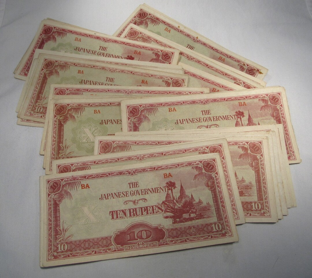 1942 Burma 10 Rupees WWII Japanese Occupation Banknote Lot of 89 Notes ...