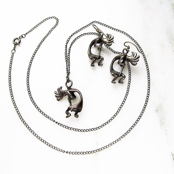 Vintage Masha Kokopelli Sterling Silver Pendant Necklace & Earrings Set ETC4370