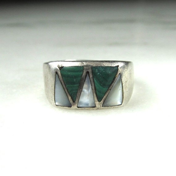 Vintage Navajo Malachite & Mother of Pearl Sterli… - image 1