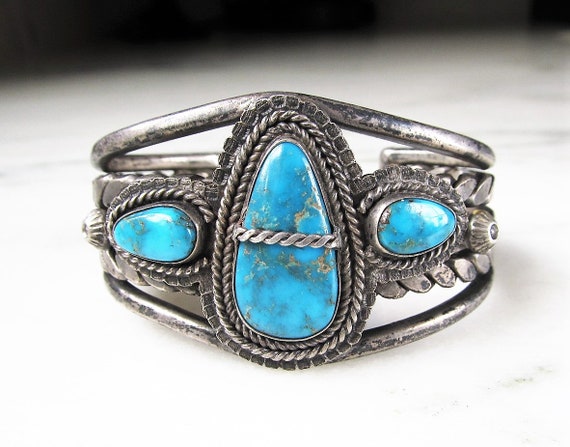 Estate Navajo Large Heavy Sterling & Turquoise Ha… - image 1