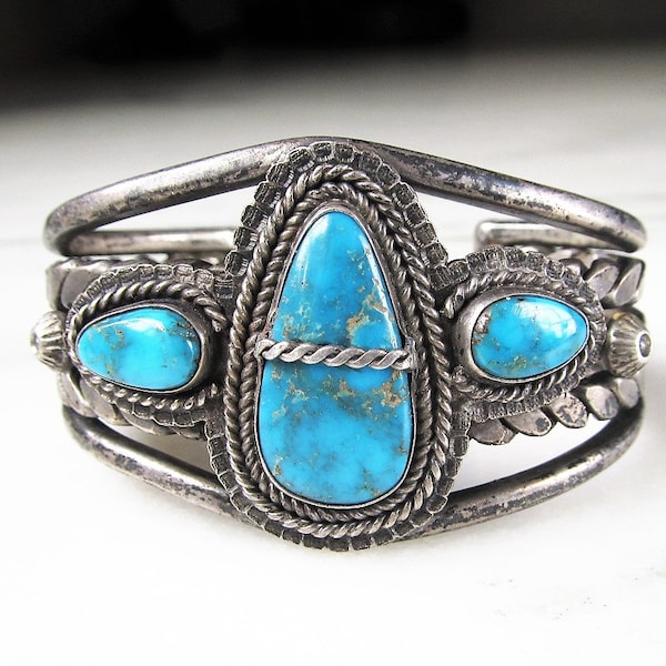 Estate Navajo Large Heavy Sterling & Turquoise Handmade Bracelet Cuff ETC2232