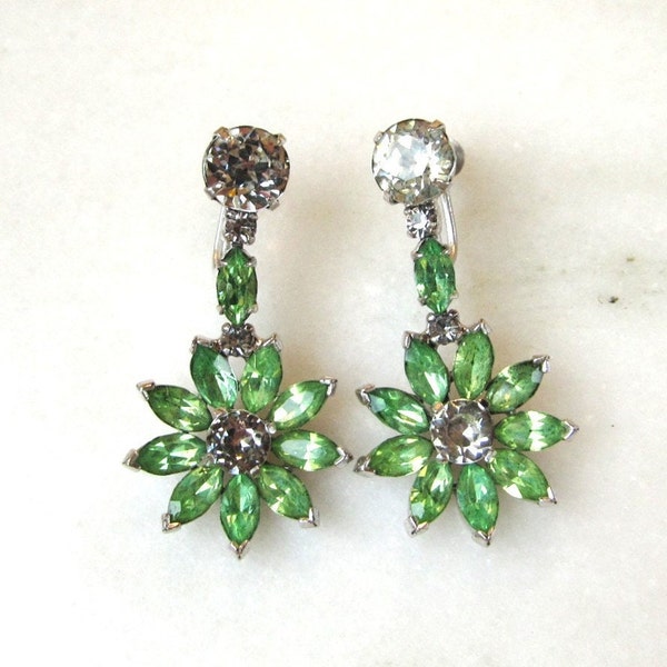 Vintage Kramer of New York Gree Rhinestone Flower Dangle Earrings ETC8468