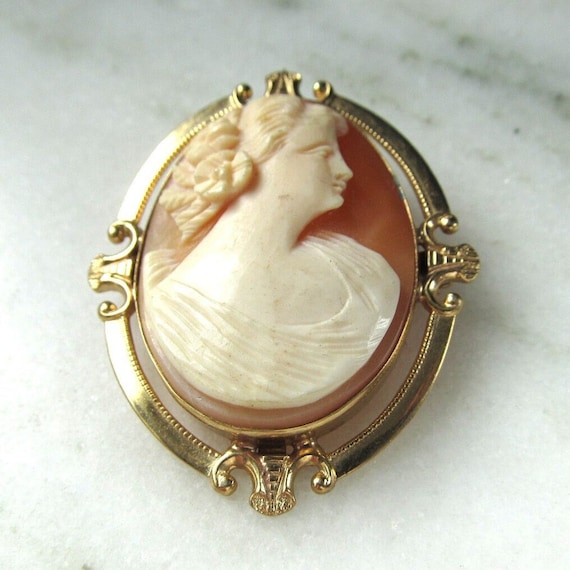Antique 10K Gold Carved Shell Cameo Brooch Pin ET… - image 2