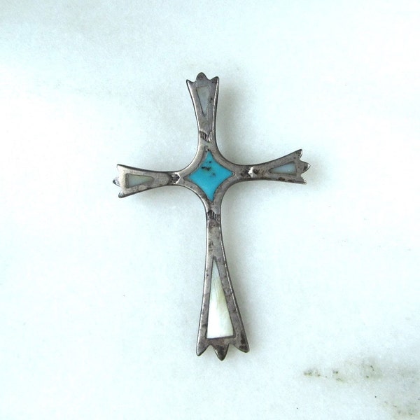 Vintage Zuni Sterling Silver Cross Pendant w/ Mother of Pearl & Turquoise Inlay ETC7832