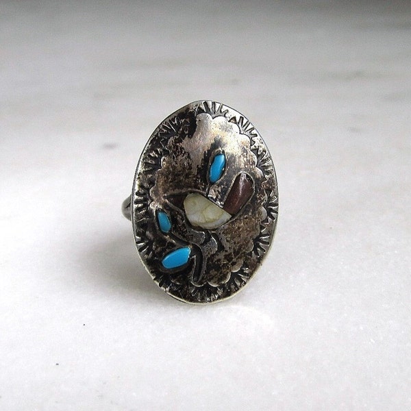 Vintage Zuni Sterling Silver Multi Stone Bird Inlay Native American Handmade Ring ETC7190