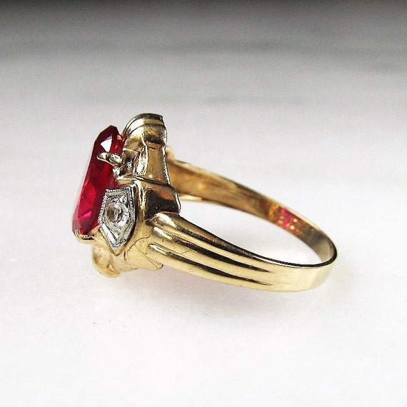 Antique 10K Otsby-Barton Red Glass Stone Ring Sz … - image 3