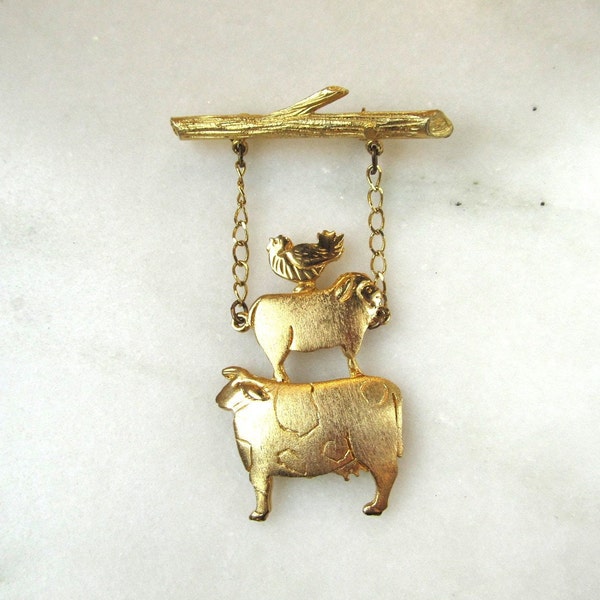 Vintage Ultra Craft Farm Animal Figural Gold Tone Brooch Chicken Sheep Cow ETC8464