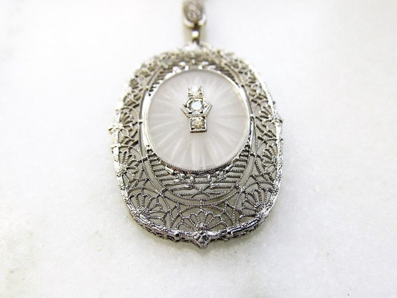 Antique 14K Diamond Art Deco Camphor Glass Lavali… - image 2