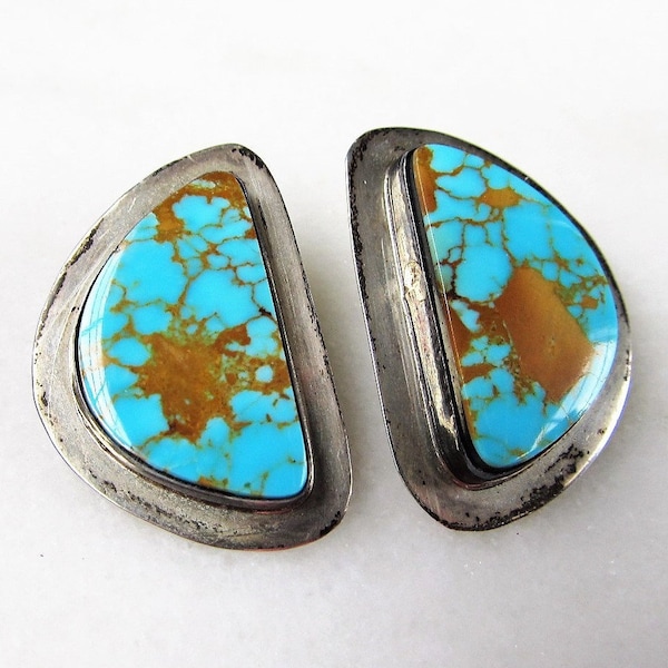 Estate Vintage Navajo Royston Turquoise Sterling Silver Handmade Clip Earrings Signed ETC3713