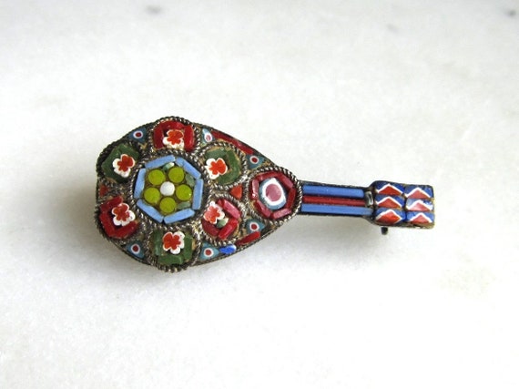 Vintage Italian Micro Mosaic Guitar Brooch Pin ET… - image 1