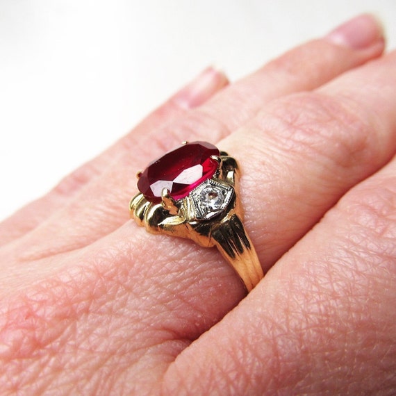Antique 10K Otsby-Barton Red Glass Stone Ring Sz … - image 9