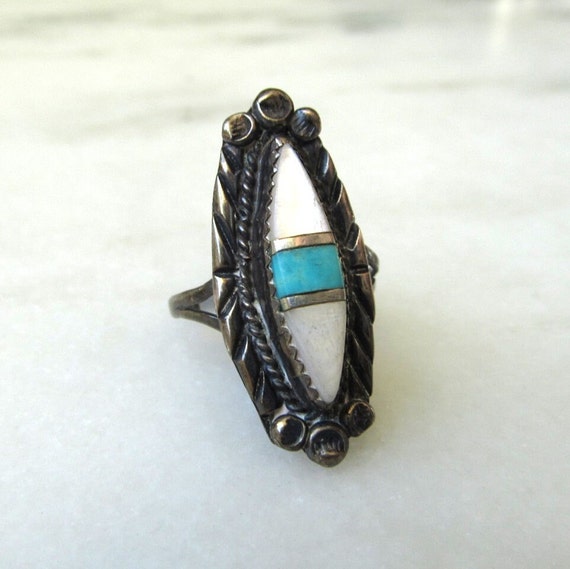 Vintage Navajo Turquoise Mother of Pearl Sterling… - image 3