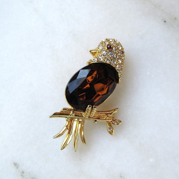 Vintage Joan Rivers Private Collection Smokey Quartz & Swarovski Crystal Bird Brooch ETC8478