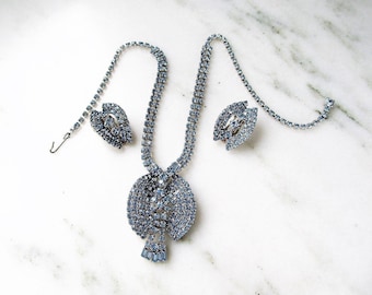 Vintage Pale Blue Rhinestone Pendant Necklace & Clip Earrings Set ETC3661