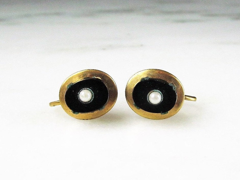 Art Deco Seed Pearl & Black Glass Gold Filled Vintage Screwback Earrings ETC1981 image 1