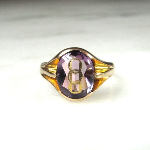 Vintage 10K Odd Fellows Purple Amethyst Gemstone Ring Sz 9 1/2 ETC8923