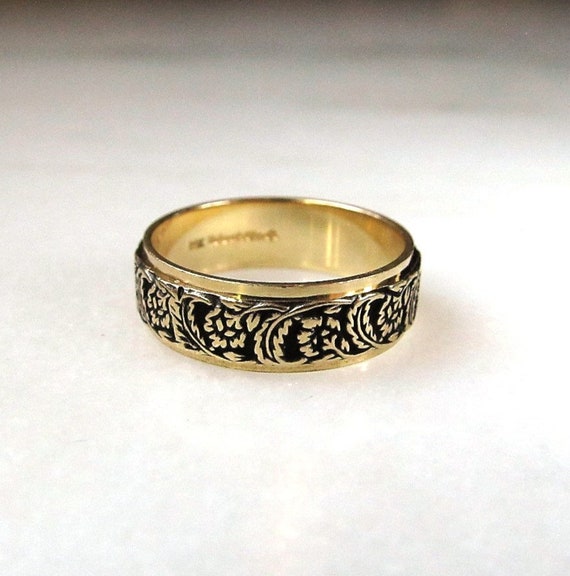 Vintage 14K Gold Floral Wed-Lok Enamel 6.2mm Band 