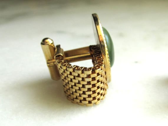 Vintage Green Glass Gold Metal Mesh Cufflinks ETC… - image 3