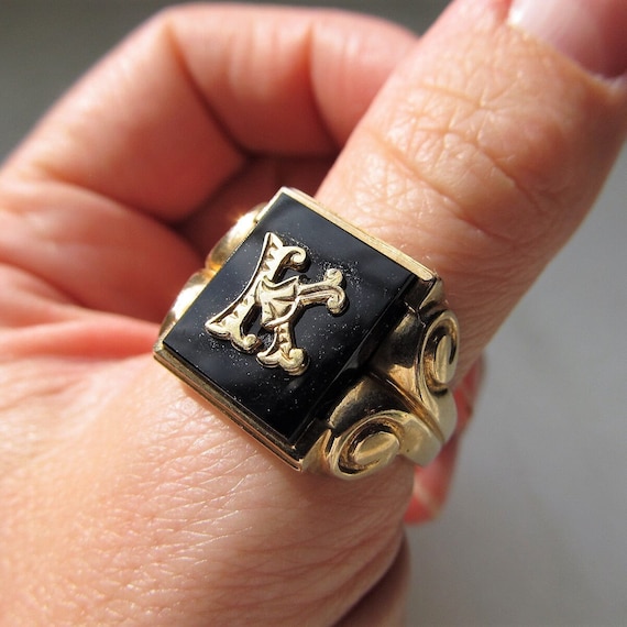 Mens Antique 10K Gold & Black Onyx K Signet Ring … - image 8