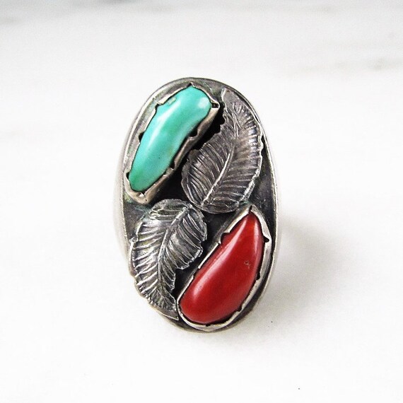 Vintage Signed VC Zuni Turquoise & Coral Mens Ste… - image 1