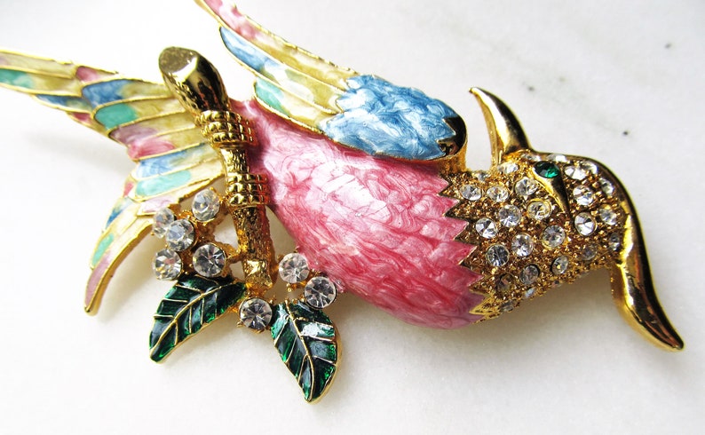 Estate Colorful Enamel /& Rhinestone Tropical Bird Brooch HUGE