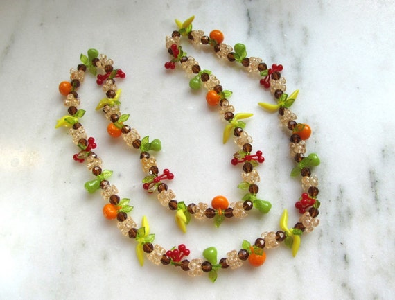 Vintage Fruit Salad Plastic Bead Necklace 30" Lon… - image 1