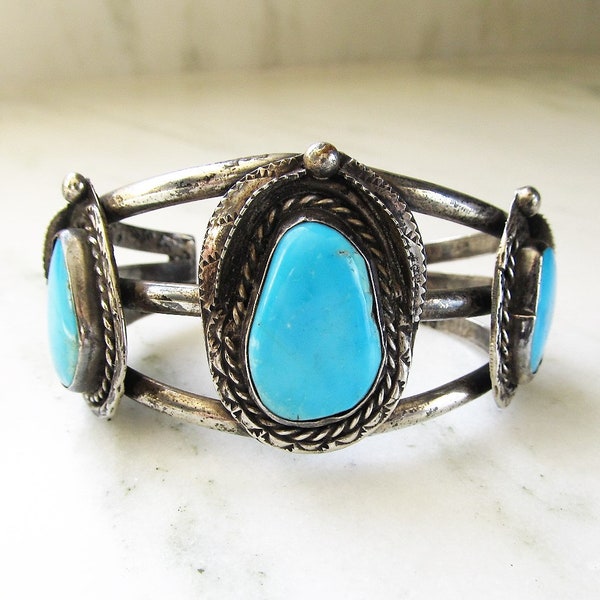 vintage Navajo Sterling Silver 3 Stone Turquoise Cuff Bracelet Old Pawn Handmade ETC5299