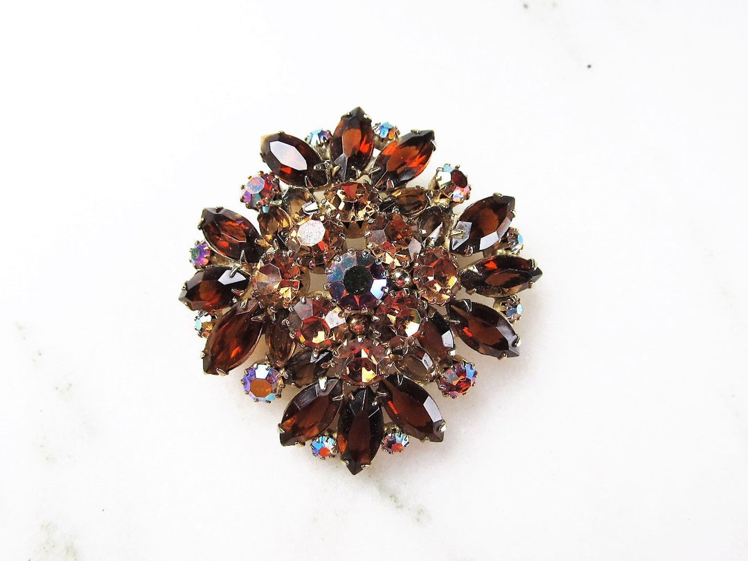 Broche Ancienne Plaquée Or Avec Strass Et Citrine - Pendentif Ornements Pierres Fines Vintage