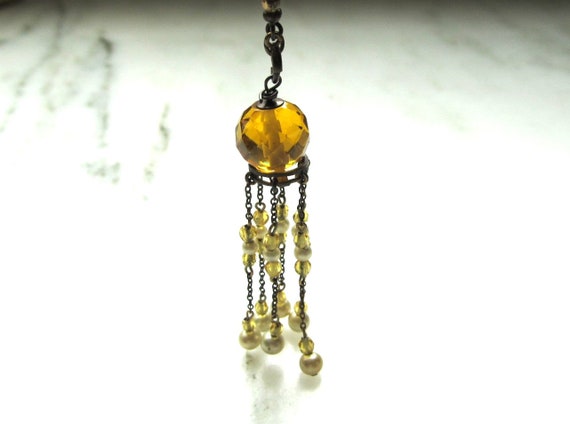 Antique Art Deco Gold Glass Bead & Pearl Long Nec… - image 2