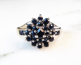 14K White Gold Sapphire Ladies Cluster Cocktail Ring